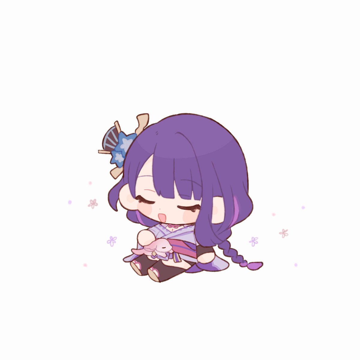 raiden shogun ,yae miko purple hair chibi closed eyes hair ornament braid japanese clothes 1girl  illustration images