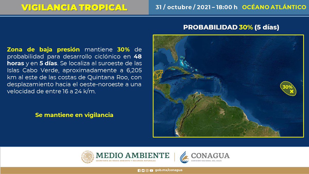PCivilCancun's tweet photo. Zona de baja presión en el océano Atlántico mantiene el 30% de probabilidad para desarrollo ciclónico en 48 horas y en 5 días. Se localiza al suroeste de las Islas Cabo Verde a 6,205 km al este de las costas de Quintana Roo. https://t.co/O0OF3keqKX
