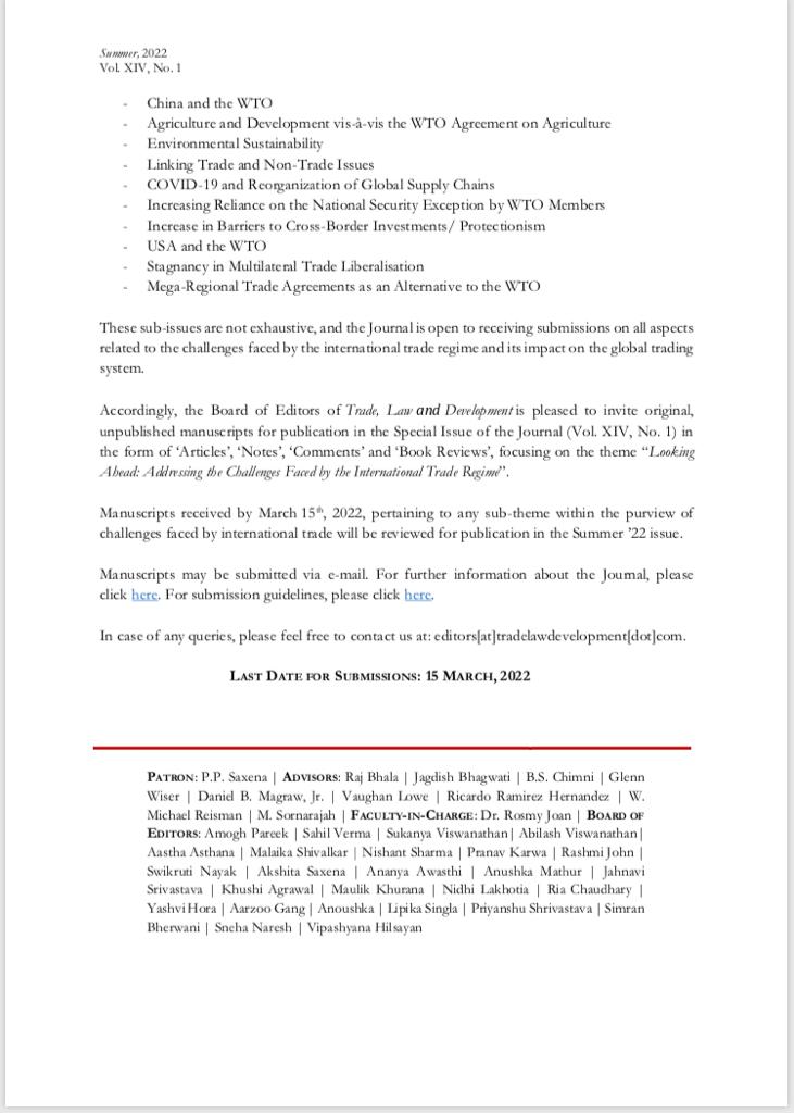 The Call for Papers for our Summer'22 issue (Vol. XIV, No. 1) is out! Find the submission guidelines on our website here: tradelawdevelopment.com/index.php/tld/… 

#TradeTwitter #TradeLaw #AcademicTwitter #Academia #EconTwitter #lawtwitter