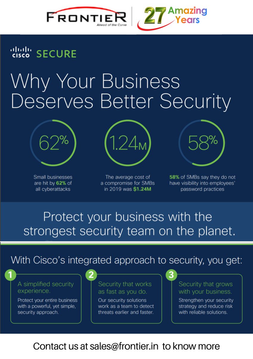 frontierbuzz's tweet photo. Protect your business with the strongest security team on the planet. Contact us at sales@frontier.in to learn how Cisco Security solutions work together to keep your employees safe and your business protected.
#ciscosecurity #frontier #ciscosecure #digitaltransformation https://t.co/fu0QoCYGq8