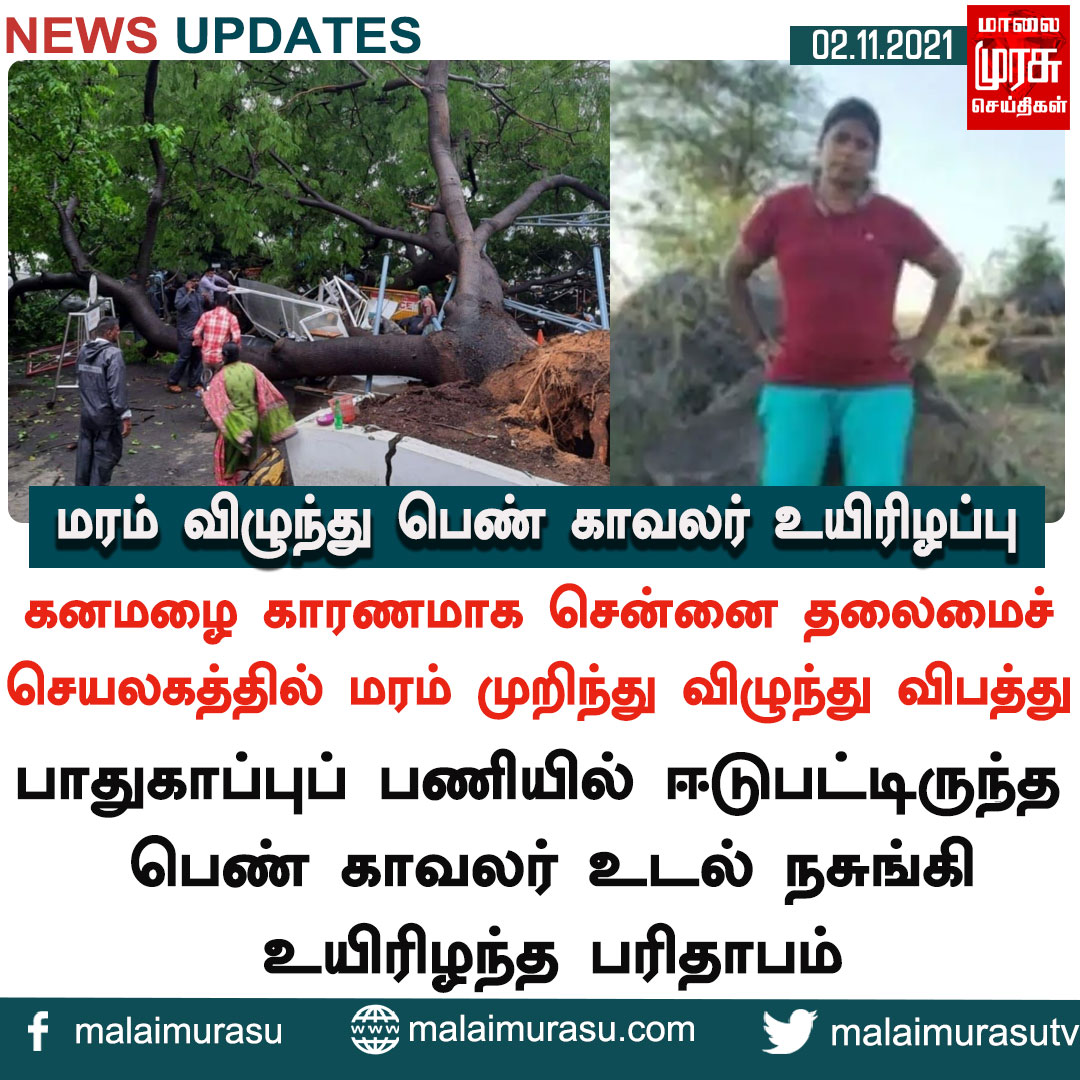 MalaimurasuTv's tweet photo. மரம் விழுந்து பெண் காவலர் உயிரிழப்பு
#police #dead #womenpolice #treefelldown #rain #heavyrain #tnrain #chennairain #water #public #weather #forecast #weathernews #government #tnnews #tn #tamilnadunews #tngovernment #indianews #malaimurasu #MMTVnews https://t.co/mOvUBcuRtZ