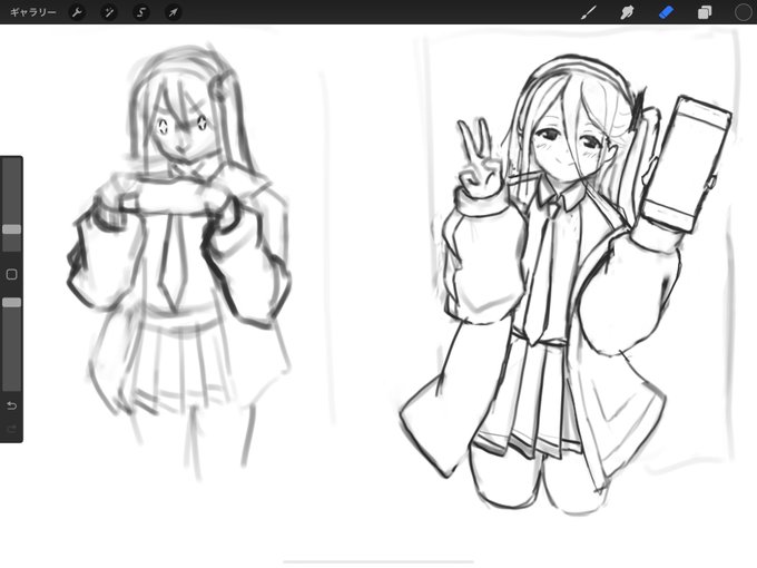 次描くのアリスちゃんということでアリスちゃんといえばなんか無邪気に目を輝かせながらゲームしてるとこかなと思って描いたのが左ラフ。構図がつまんないなって思って別ラフ描き始めていい感じになりそうだから詰めてるのが右ラフ。勝った後のVサイン 