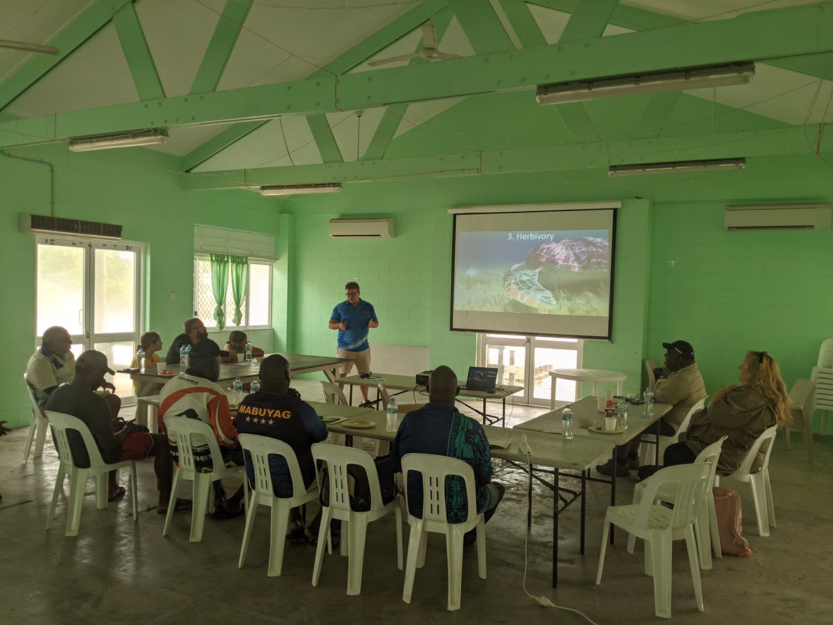It's great to be back on Mabuyag as part of our #seagrass exclusion experiment. Today <a href="/drpyork/">Paul York</a> and I have been checking on our most remote exclusion cages on Orman Reefs, chatting with the community about this project and sharing knowledge about seagrasses and herbivores.