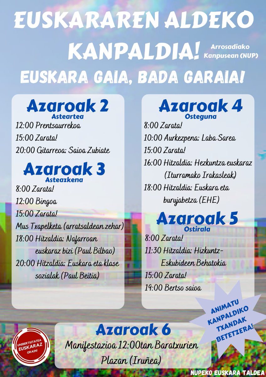 Hurrengo egunetan NUPen izanen den egitaraua duzue hemen!

#EuskaraGaia
#EuskararenKanpaldia
#EuskarazIkasiNahiDugu