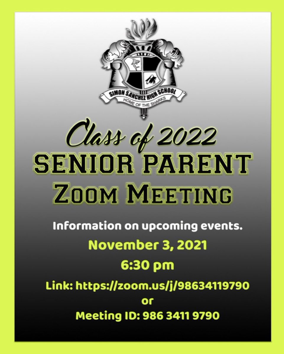 sshsco2022's tweet photo. HAFA ADAI SENIORS AND PARENTS!

We will be holding our second Senior Parent meeting via Zoom! 

🦈 When: Wednesday , November 3, 2021
🦈 Time: 6:30 pm
🦈 Meeting ID can be found in the following poster

Please share the poster with your parents and also your other fellow Seniors! https://t.co/fuQDgUH93e