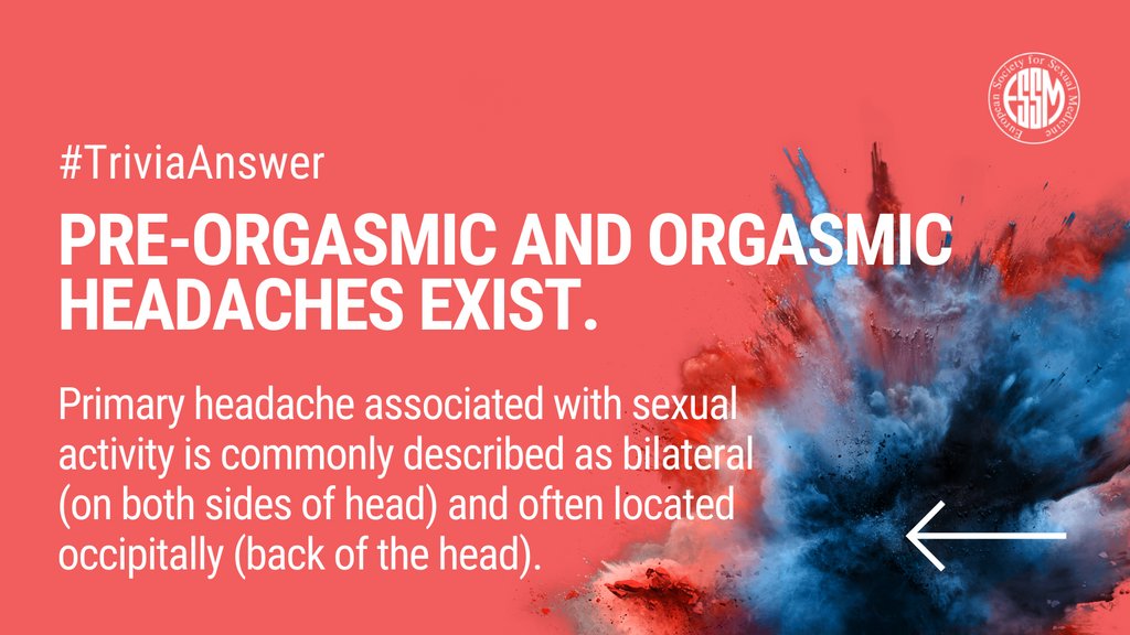 essm_tweets's tweet photo. #TriviaAnswer ✅ Pre-orgasmic and orgasmic headaches exist.

#TriviaTuesday #ESSM #SexEd #SexualHealth #SexualMedicine #ESSM2022 #orgasms #headaches #primaryheadaches

@Edop92 https://t.co/un8gh5qsuq