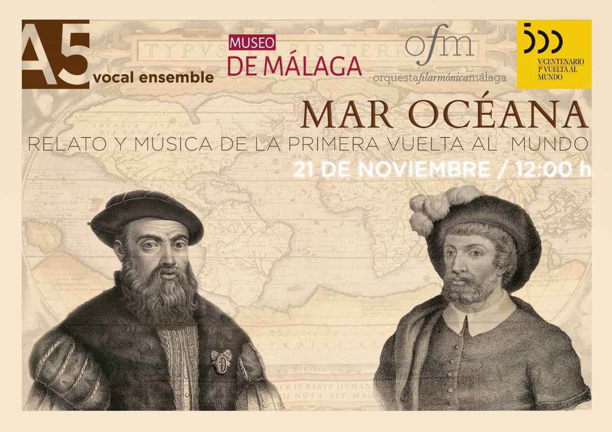 vcentenario_'s tweet photo. Música e instrumentos del siglo XVI es lo que nos traerá el próximo concierto de @a5vocalensemble. El 21 de noviembre en #Málaga, con Magallanes, Elcano y su increíble viaje 🎶🎶
#ProyectoVCentenario ➡ https://t.co/kBaEm5LAk8 https://t.co/Afyom1kzPF