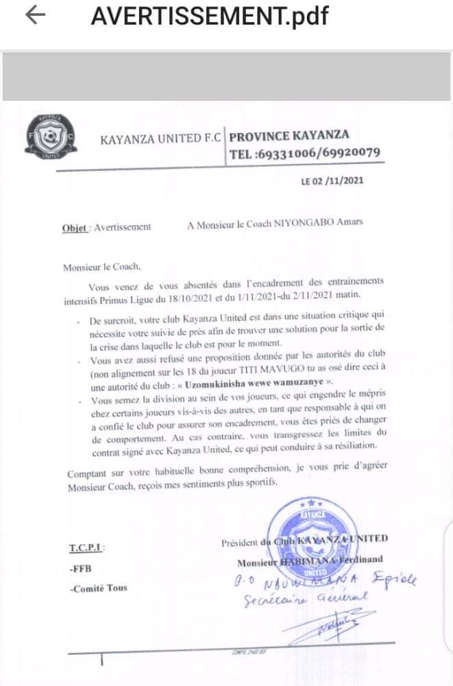 DSindihebura's tweet photo. Football :L'équipe originaire de @KayanzaProvince averti son coach #Amars Niyongabo. Cette équipe pietine à la 15 ème place du championat @BurundiFF @umugezi_actu https://t.co/BYuhlvg88S