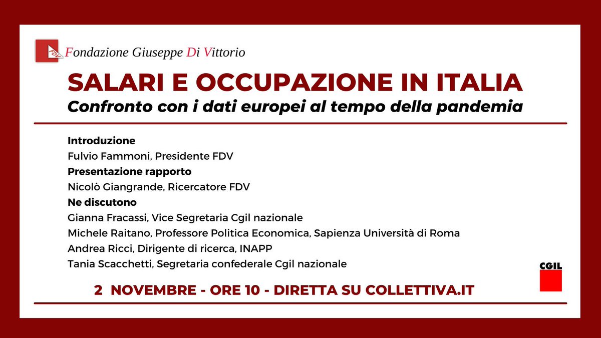 📌Alle ore 10 la Cgil e la Fondazione Giuseppe Di Vittorio presentano i risultati di una ricerca che mette a confronto i #salari italiani con quelli del resto d'Europa.

👉Segui l’iniziativa in diretta su #Cgil e Collettiva.