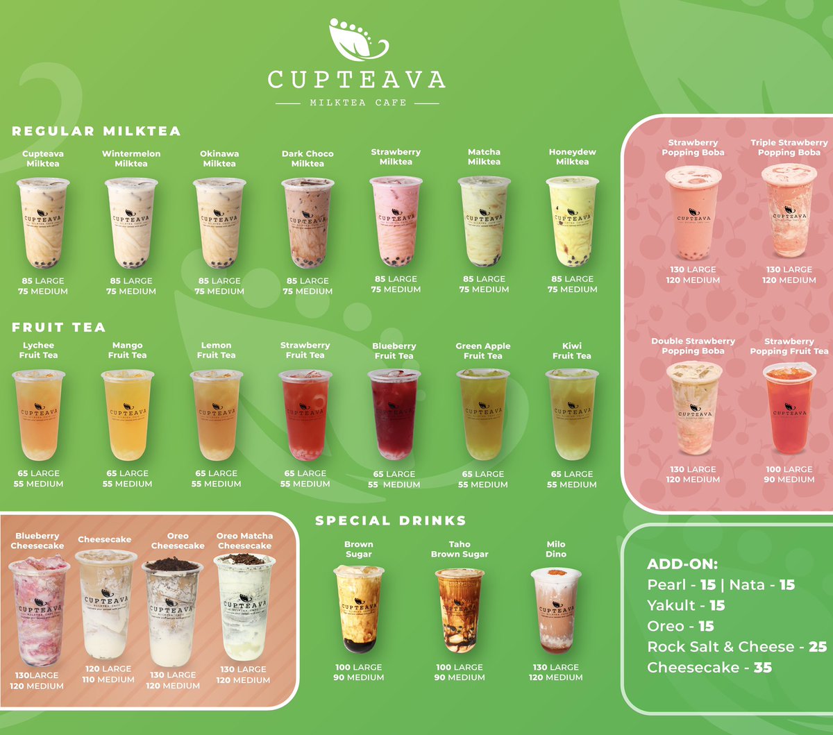 cupteava's tweet photo. HERE’S OUR UPDATED MENU

VISIT US TODAY 😋

💚PASAY BRANCH:📍2459 Tolentino St. Brgy 121 Pasay City

🧡MAKATI BRANCH:📍: Ground Flr, MGF Champaca Building, 156 Amorsolo St., Legazpi Village, Makati City

#CaptivateYourSensesWithEachSip
#CupteavaPH https://t.co/n8bPLMDykh