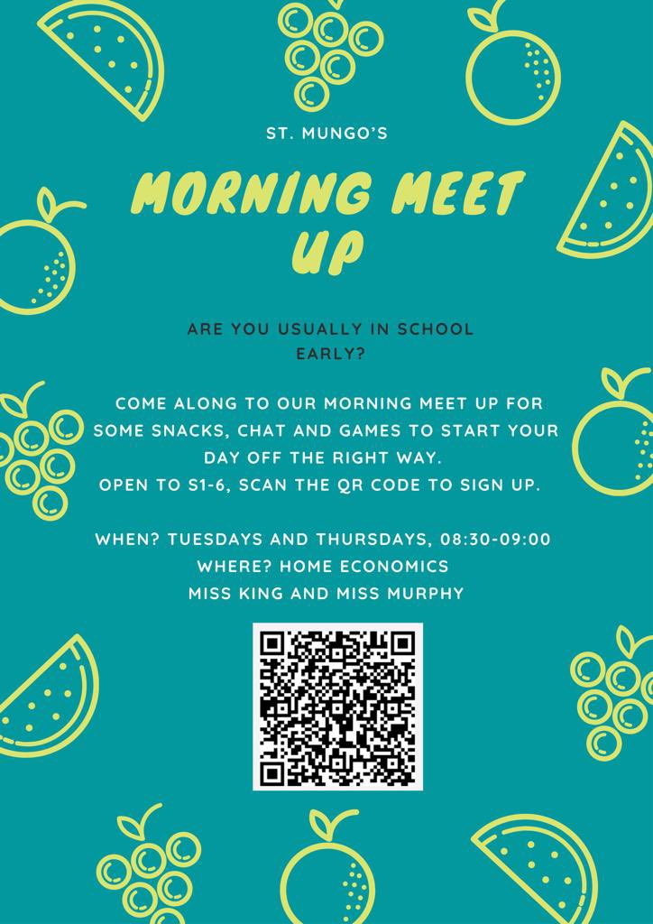 MissKingPE13's tweet photo. A reminder that we will have our first morning meet up this morning in the home ec department!! There will be plenty of breakfast food and games for everyone to try🥐🍌 @StMungosFalkirk @MissMurphyMods https://t.co/rw2QnzE8Rv