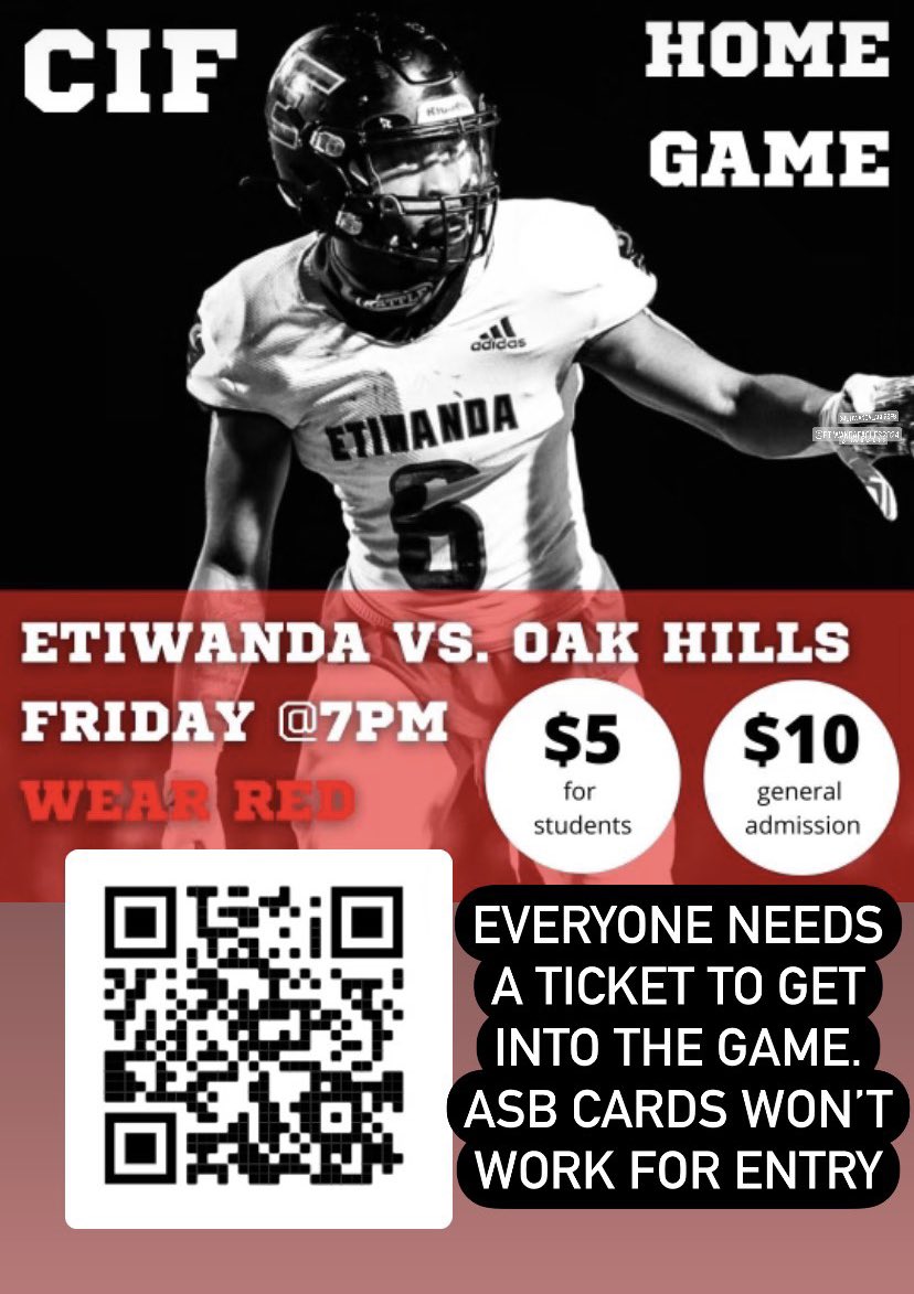 Etiwanda Activities (@asbetiwanda) on Twitter photo Come out and support the team Friday at 7pm!! The QR code will allow you to purchase your tickets <a href="/EtiwandaRed/">Principal Wolfe</a> <a href="/EHSAthletics/">Etiwanda Athletics</a> Come out and support the team Friday at 7pm!! The QR code will allow you to purchase your tickets <a href="/EtiwandaRed/">Principal Wolfe</a> <a href="/EHSAthletics/">Etiwanda Athletics</a>