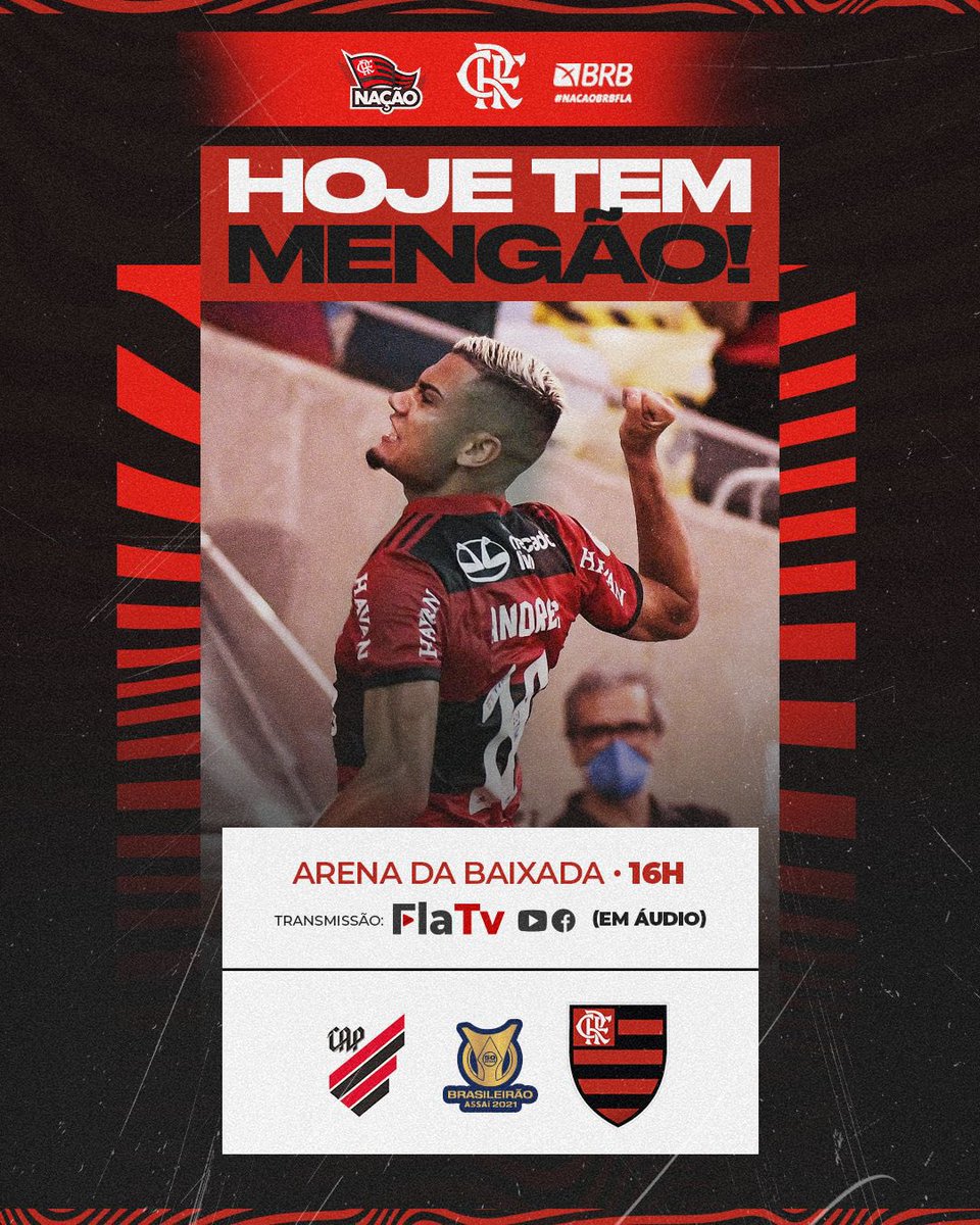 Flamengo's tweet photo. HOJE TEM MENGÃO NO BRASILEIRÃO! 

Às 16h, o Mais Querido enfrenta o Athletico-PR, fora de casa! Vamos com tudo em busca dos três pontos! 

#CAPxFLA #VamosFlamengo https://t.co/LLYubIZSuW