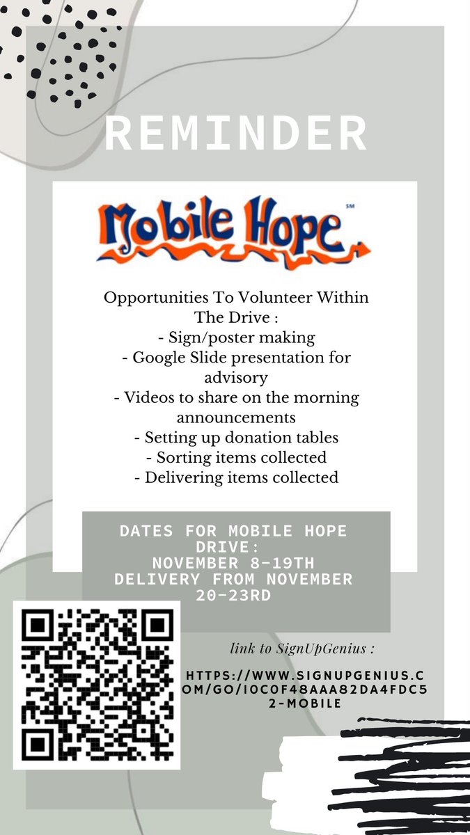 KeyLightridge's tweet image. Make sure to sign up for the Mobile Hope drive starting next week!! 

Link to SignUpGenius : signupgenius.com/go/10C0F48AAA8…

link also posted on slideshow, remind, and instagram!