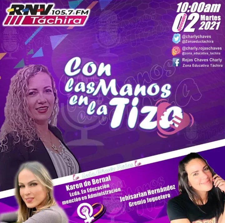 Charly Rojas Chaves (@charlychaves) on Twitter photo Mañana #02Nov estaremos compartiendo con la Licenciada Karen de Bernal y Jehisarian Hernández en nuestro programa #ConLasManosEnLaTiza
<a href="/con_tiza/">ConLasManosEnLaTiza</a>
Hora: 10:00am
¡Conéctate a @RNV105.7FM 📻 y no te lo pierdas!
<a href="/FreddyBernal/">Freddy Bernal</a>
<a href="/JuntosConBernal/">Todxs Juntxs con Bernal 💛🖤♥️</a>
<a href="/PSUVTachira/">PSUV Táchira</a>
<a href="/ViceSocialT_ve/">Vice Social y Territorial</a> Mañana #02Nov estaremos compartiendo con la Licenciada Karen de Bernal y Jehisarian Hernández en nuestro programa #ConLasManosEnLaTiza
<a href="/con_tiza/">ConLasManosEnLaTiza</a>
Hora: 10:00am
¡Conéctate a @RNV105.7FM 📻 y no te lo pierdas!
<a href="/FreddyBernal/">Freddy Bernal</a>
<a href="/JuntosConBernal/">Todxs Juntxs con Bernal 💛🖤♥️</a>
<a href="/PSUVTachira/">PSUV Táchira</a>
<a href="/ViceSocialT_ve/">Vice Social y Territorial</a>