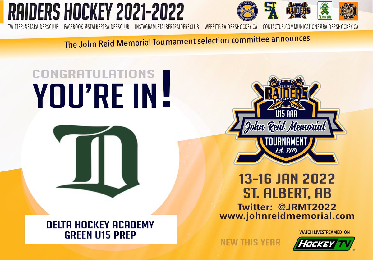 The John Reid Memorial Tournament selection committee is proud to announce the addition of the Delta Hockey Academy Green U15 Prep team. Welcome to the tournament <a href="/DeltaWildHockey/">Delta Hockey Academy</a> … you’re in! #JRMT2022 #JRMT2022TEAMS