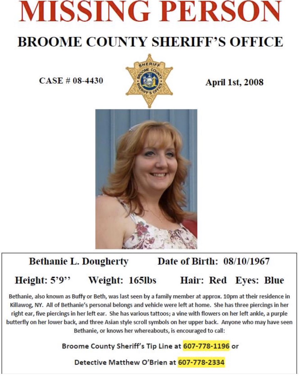 GabbsJustice's tweet photo. #MissingAdult
If you have any information about the whereabouts of #BethDougherty please call Broome County Sheriff’s Office at: (607) 778-1196.
#BroomeCounty #BringBethHome #HelpFindBeth #MissingInAmerica #MissingPerson @aware_the @TheMissing21 @finding_lost1s @NewsNationNow https://t.co/hdEayUCc0S