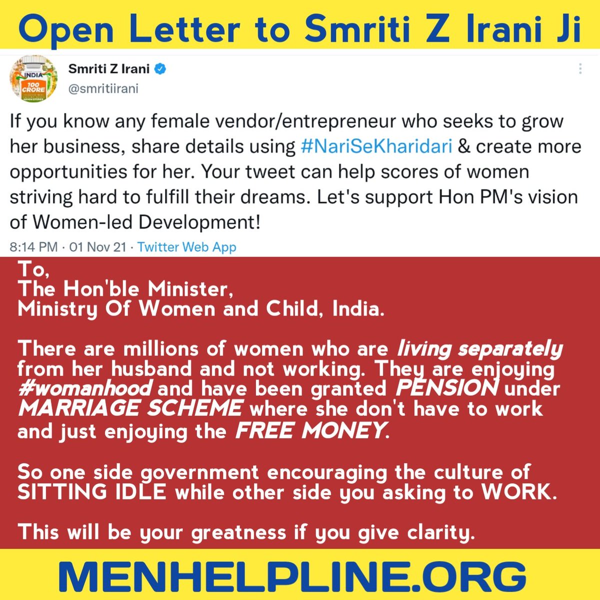 menhelpline's tweet photo. Open Letter to Hon'ble Minister @smritiirani ji for clarity. One side Government promoting culture of #FreeMoney #nowork while other side they talk about scheme to work. Before Women of Nation will get confused and it leads trauma, please enlighten. #marriagescam @ani @PTI_News https://t.co/9lStuH8Ubb