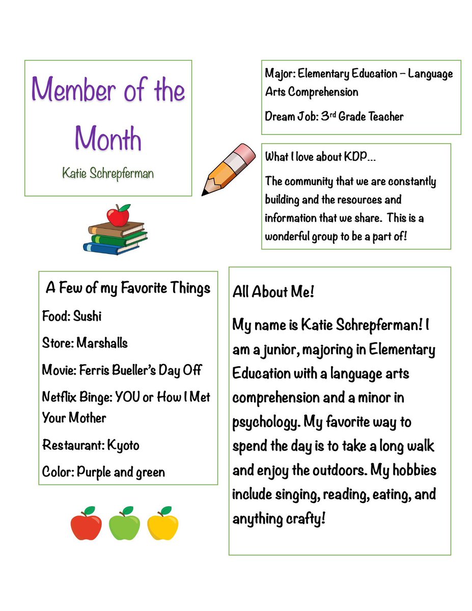 KDPEMU's tweet photo. Happy first day of November and congratulations to our October Member of the Month: Katie Schrepferman. Please join in congratulating and thanking Katie for all she does and has done for our chapter. https://t.co/PIXhEwtH4z