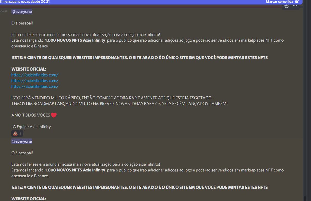 Rapazeda NÃO CLIQUEM no link do último anúncio no discord do <a href="/AxieInfinity/">Axie Infinity</a>, é SCAM, hackearam o bot do server oficial!

Vão roubar seus AXIES !!!

RT pra repassar a mensagem