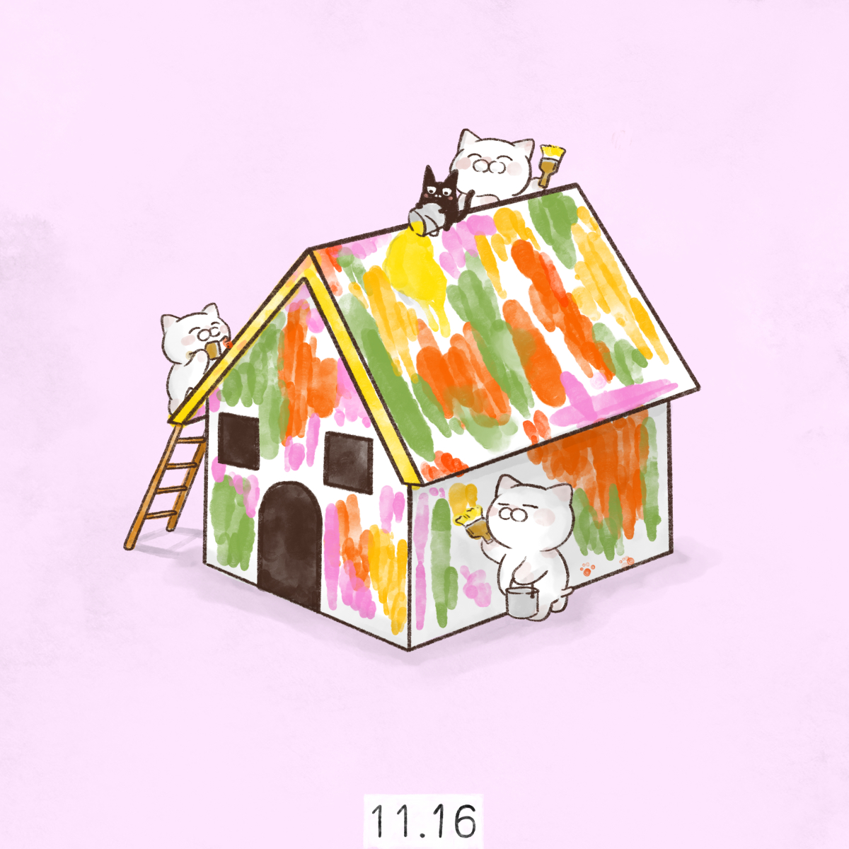 「11月16日
【いいいろの日】
【いいいろ塗装の日】

いい(11)いろ(16)」|大和猫のイラスト