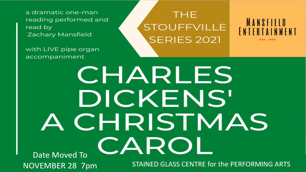 SGC_PA's tweet photo. Sunday, November 28, 2021 at 7:00 PM 
A CHRISTMAS CAROL comes to Stouffville's #StainedGlassCentre_PA! A special one-man dramatic reading performed by Zac Mansfield, embodying dozens of characters - it's just Zac. PLUS live pipe organ accompaniment!  https://t.co/5CPzGhvtq0 https://t.co/8fjOA9IzVP