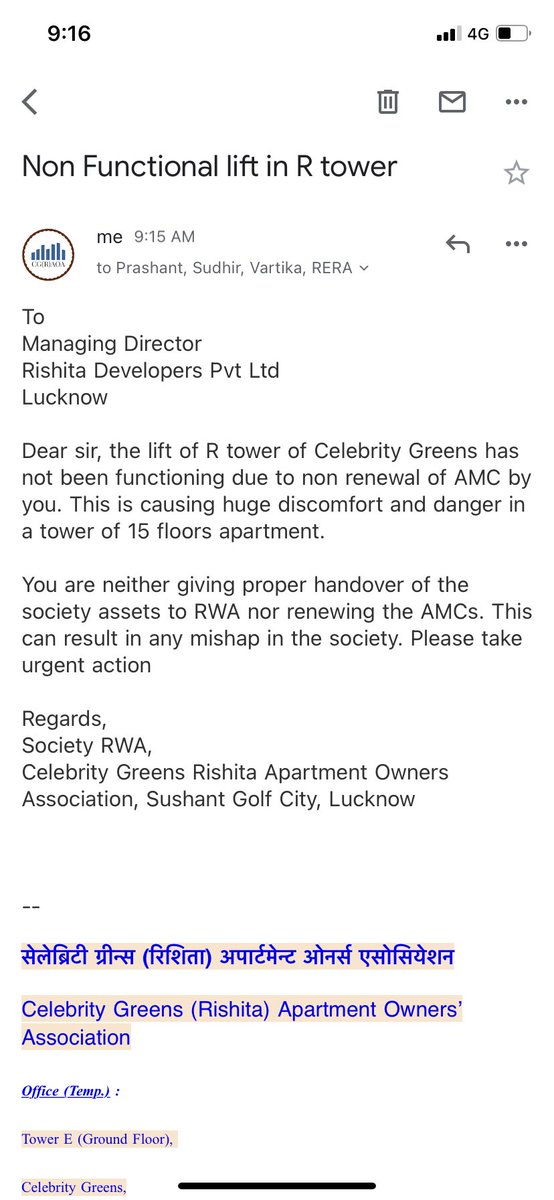cg_aoa's tweet photo. ⁦@112UttarPradesh⁩ ⁦@Uppolice⁩ ⁦@CMOfficeUP⁩⁦@LkoDevAuthority⁩ , please instruct builder Rishita Developers to start the lift of the tower with 15 floors. They are not renewing the AMCs of the lifts managed by them. https://t.co/XJVkEpIEQD