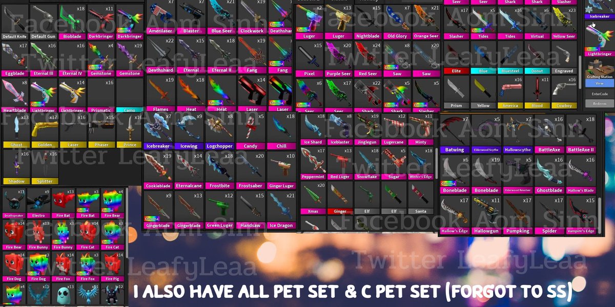 LeafyLeaa's tweet photo. Trading mm2 items
Repost

- C set + C pet set
- Small set (have nebula &amp; pet set includes heart pet)
- Godlys
- Chromas
Etcs

For rh halos , rhd , rh items , robux , toycode , adoptme pets

#royalehighgiveaway #robux #mm2 #mm2items #rh #royalehigh #royalehighhalo #adoptme #amp https://t.co/1IWiJORro6