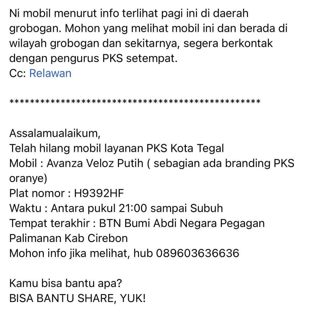 andywindarto's tweet photo. Mobil punya dpd kota tegal @pkstegal yg biasa buat ngelayanin masyarakat di curi orang ni. Hari ini terlihat melintas di grobogan. Bantu RT gaes 
Cc @PKSejahtera https://t.co/KtkfDTX1jY