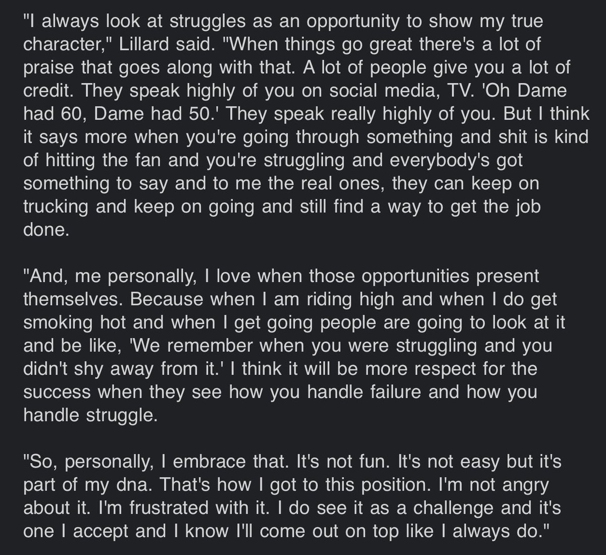 This was Damian Lillard’s full answer when asked if he sees getting out of his current shooting slump is a “challenge.” Pretty remarkable answer — and after talking about his struggles for 10-plus minutes before that, too.