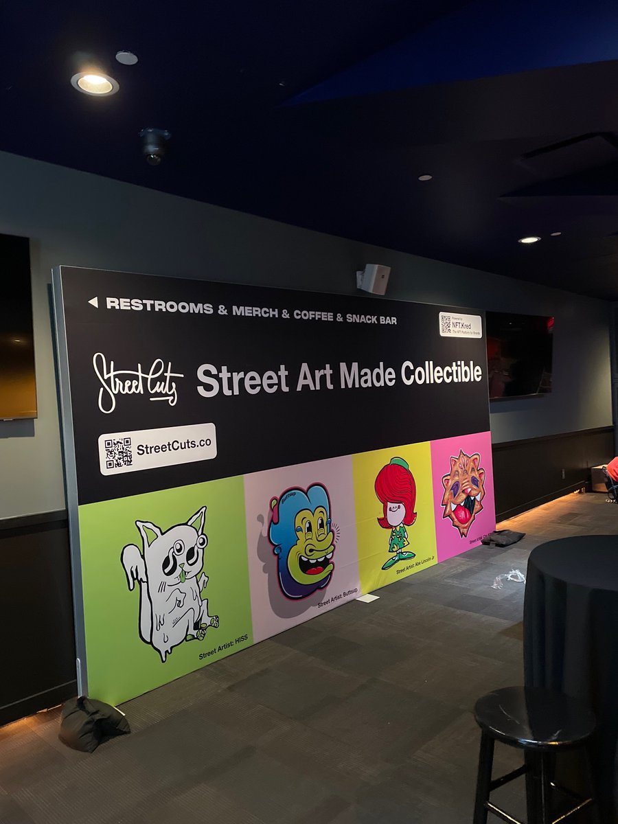 streetcutsnft's tweet photo. WOW we arrived at @NFT_NYC to get a preview of what everyone will walk into in the morning.  You might want to RUN to the store to grab limited runs of our original sticker collection we'll be releasing all week. Thanks @CameronJohnBale &amp; #nftnyc https://t.co/N5th4uckMw