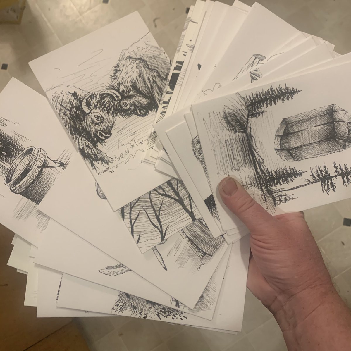 PaulNoot's tweet photo. My #inktober #cards on display at @bismarckdowntownartist in a special Pop-up exhibit. #oneofakind #original #ink cards All 31 cards will be on exhibit on November 5. #bismarck #ndartist #northdakota https://t.co/r5gUG7XBG0