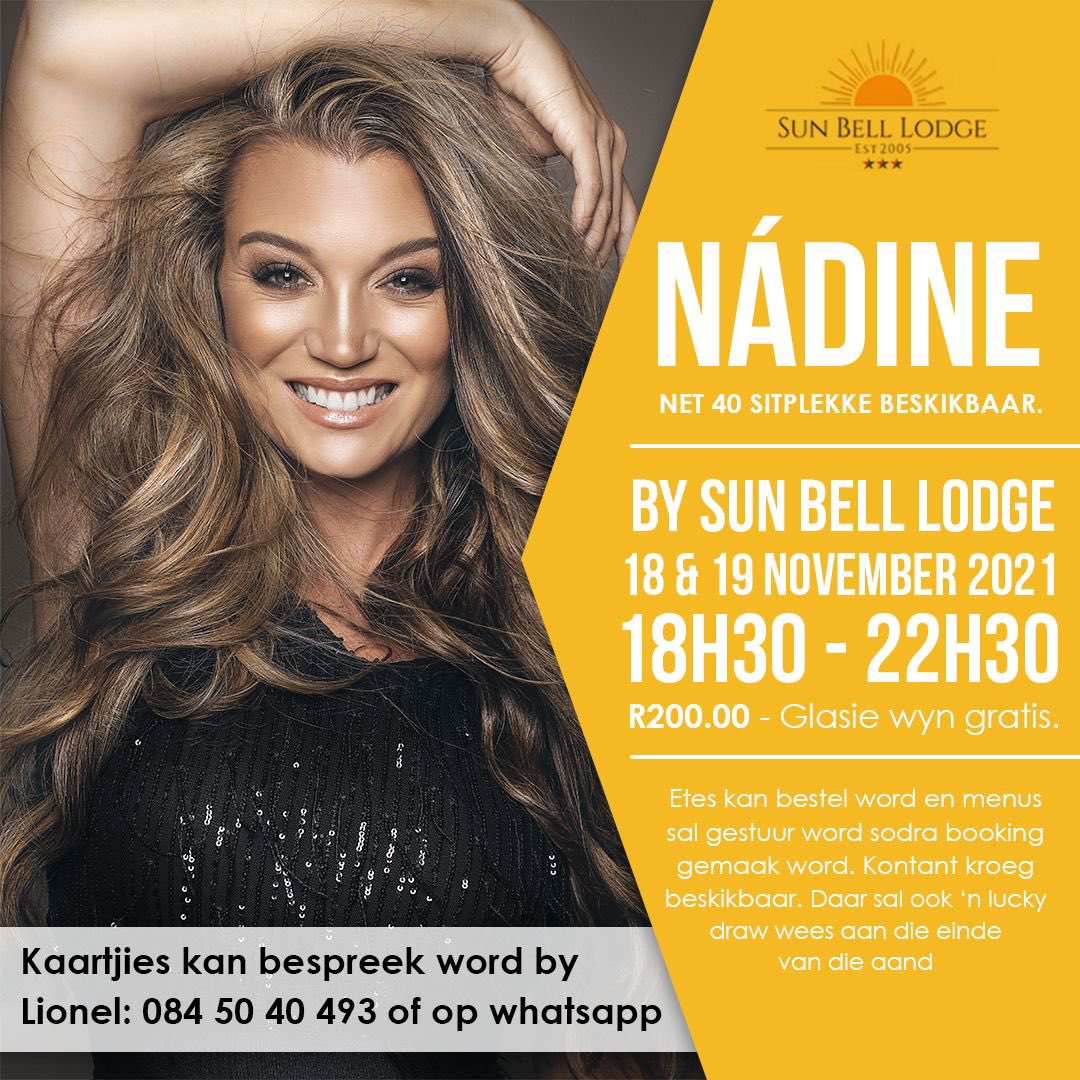 Come join us for a intimate evening with Nadine on the 18 and 19 #November2021  <a href="/SunBellLodge/">Sun Bell Lodge</a>  to book call or <a href="/WhatsApp/">WhatsApp</a>  084 50 40 493. There is limited space available. Fresh made #Hamburgers  and #Pizza will be for sale. A welcoming glass of #wine  from <a href="/DeWaalWines/">DeWaal Wines</a>  #BookNow