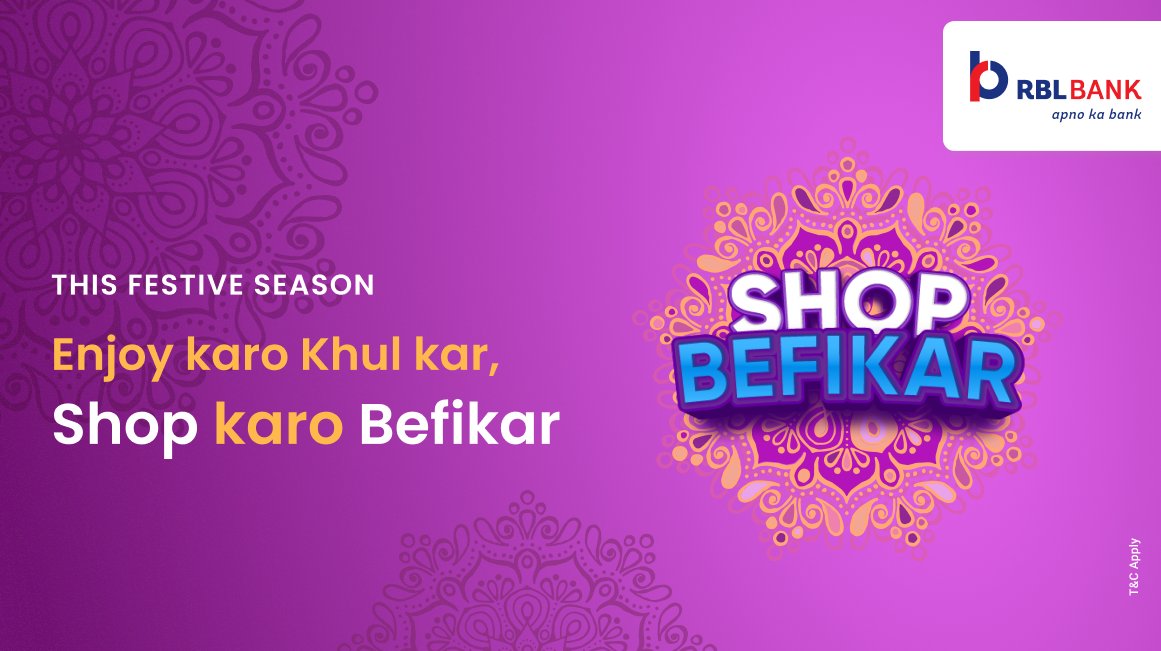 rblbank's tweet photo. #CelebrateBefikar with your RBL Bank Credit Card. Grab up to 50% off on Electronics, Grocery, Online shopping, Dining, Health &amp; Wellness and more with our merchant partners.

For offers check out: https://t.co/GofIeb6lpA

#UseBefikar #RBLBank #ApnoKaBank https://t.co/pk1kh5XTqZ