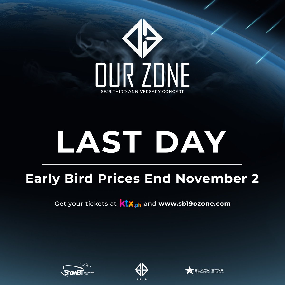 [NOTICE] Today is the last day of early bird ticket selling for Our Zone: SB19's Third Anniversary Concert. 

🎟 Get your tickets now at ktx.ph and sb19music.com

#SB19Anniv3rsary #SB19OurZone