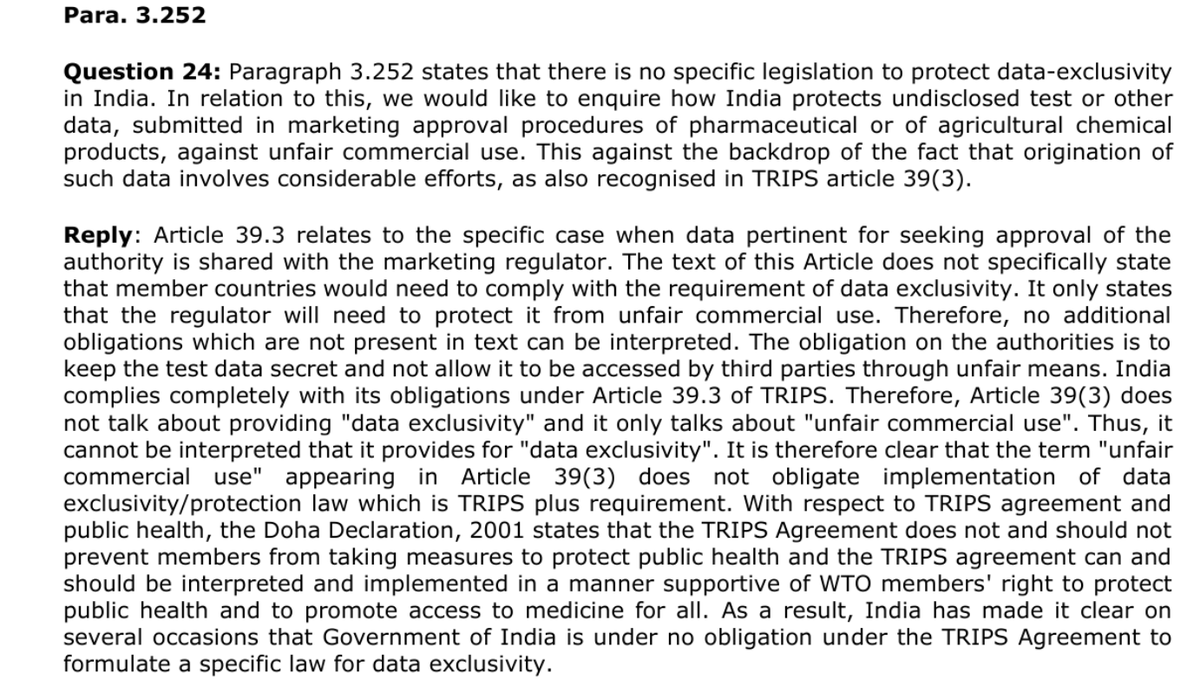 ThiruGeneva's tweet photo. During the @wto Trade Policy Review of India on 6 January 2021 and 8 January 2021, Switzerland asked India questions related to data-exclusivity and TRIPS article 39(3). India provided a lengthy response. https://t.co/32xcZWyiQ1