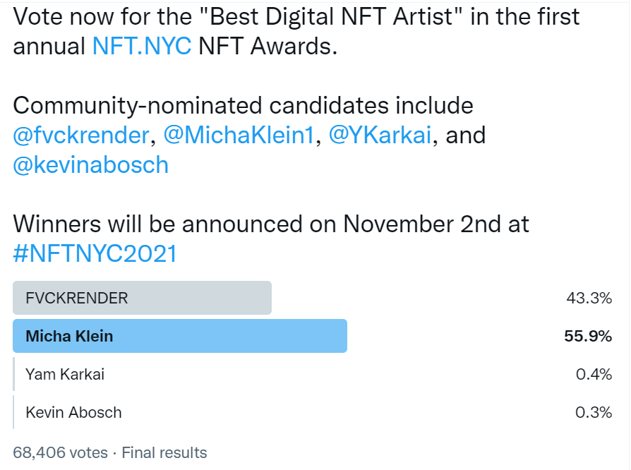 MichaKlein1's tweet photo. The votes are in! Award winners will be announced tonight a https://t.co/w3MlTUYwV2   Thanks for everyone who voted for me! 💊😃❤️🚀 #nftcommunity #nftcollectors #nft 
@pills_crypto https://t.co/4aRqocz5OQ