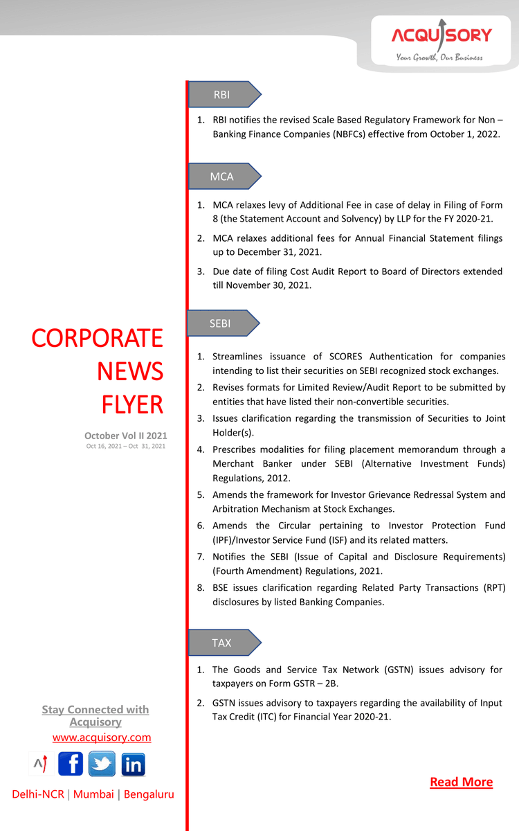acquisory's tweet photo. #AcquisoryUpdates #corporateUpdates #RBI #SEBI, #BSE, #MCA, #Incometax have amended regulations and notified such changes. Our fortnightly note captures the changes in details. https://t.co/t2gekHN6He https://t.co/grXBe9WbCp