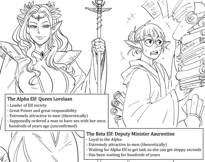 Patreon request:
The socio-sexual hierarchy... of Elves.
Are you an Elf that has difficulty getting ahead or finding a man? Perhaps you need to consider where you fit in the Elf social structure.

Also, another patron asked me to draw a rat in any context. 