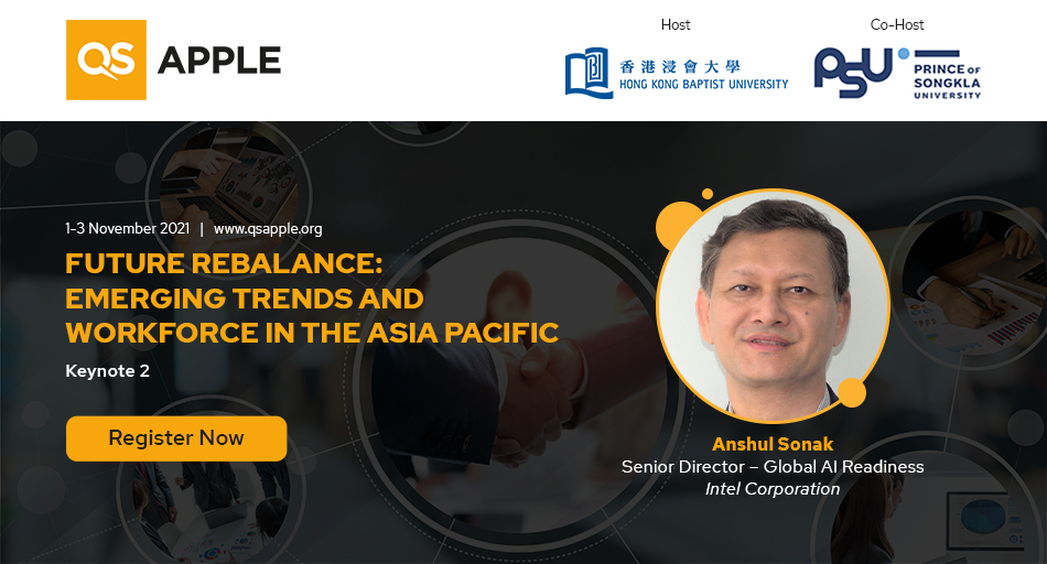 QSCorporate's tweet photo. We're kicking off day 2 of #QSAPPLE with a keynote address from @anshulsonak of @intel. He will speak on the impact of #AI on the jobs of tomorrow. It's not too late to tune in: https://t.co/I97fmdez03 https://t.co/GxN1YwWGnJ