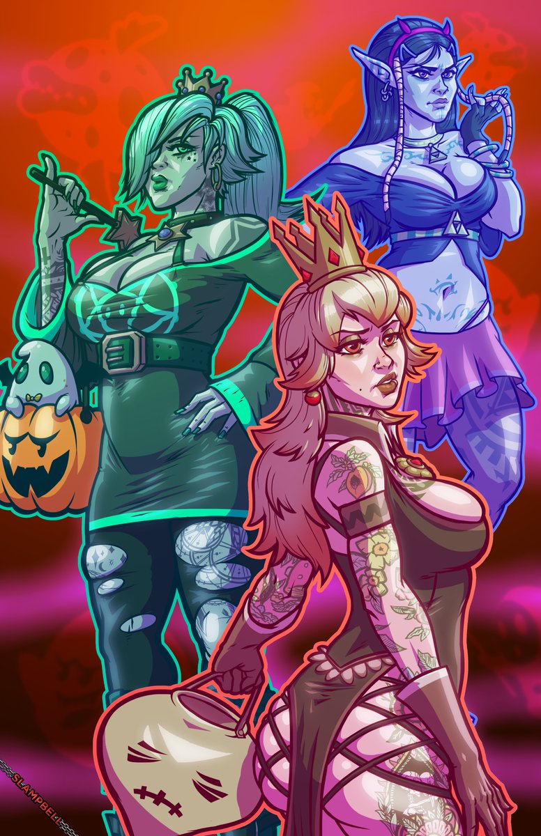 SlampbellPres's tweet photo. "Nintengoths" - Started on this piece sometime last week. Hopefully some of you are still feeling the afterglow of Halloween to appreciate it.
#art #vgart #nintendo #goth #halloween #spooky #peach #princess #rosalina #toadstool #zelda #hyrule #thicc #curvy #smash https://t.co/4HatisemYG