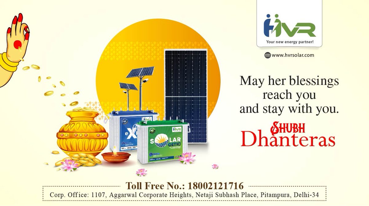HVR_Solar's tweet photo. HVR Solar wishes you a Happy Dhanteras
.
.
#Dhanteras #HappyDhanteras #Festival #India #DhanterasWishes #DhanterasSpecial #DhanterasPuja #LaxmiPujan #Celebrations #Indianfestival #DhanterasCelebration #StayHappy #StayFit #StaySafe #Hvr #HvrSolar https://t.co/adVVX4pqiQ