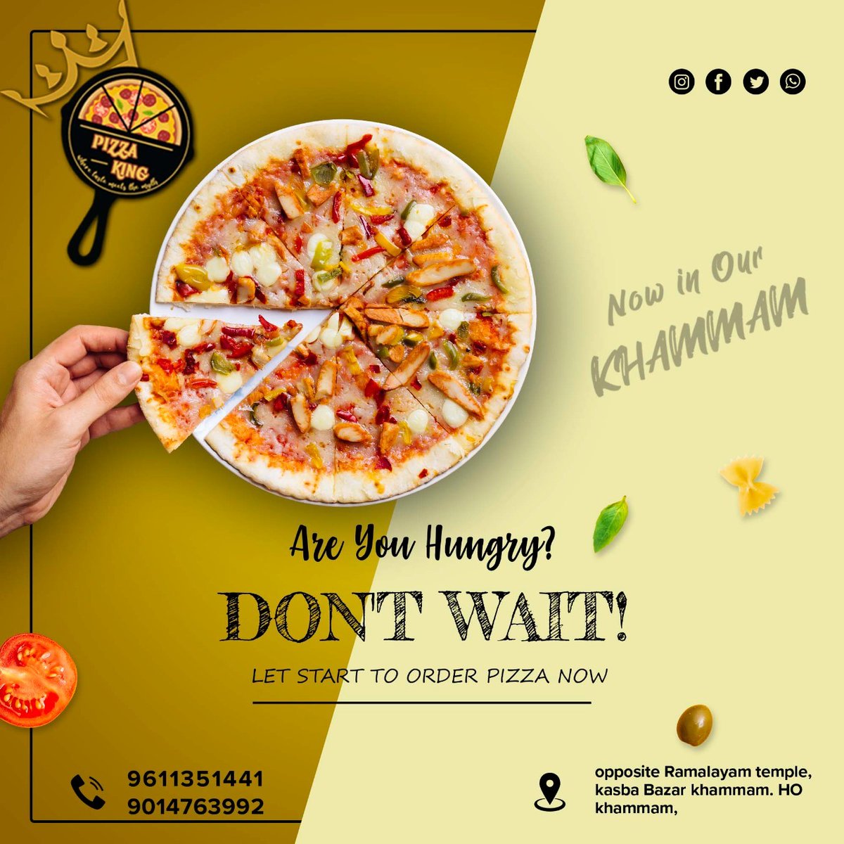 There's very little in my world that a foot massage and a thin-crust, everything-on-it pizza won't set right.”
Contact us : +9611351441
#Pizzaking  #Delicioues #Khammam #PizzaKhammam  #PizzaLovers #VegPizza #NonvegPizza #Cornpizza #AlltypePizza #Telengana #pizzalove #pizz #pizza
