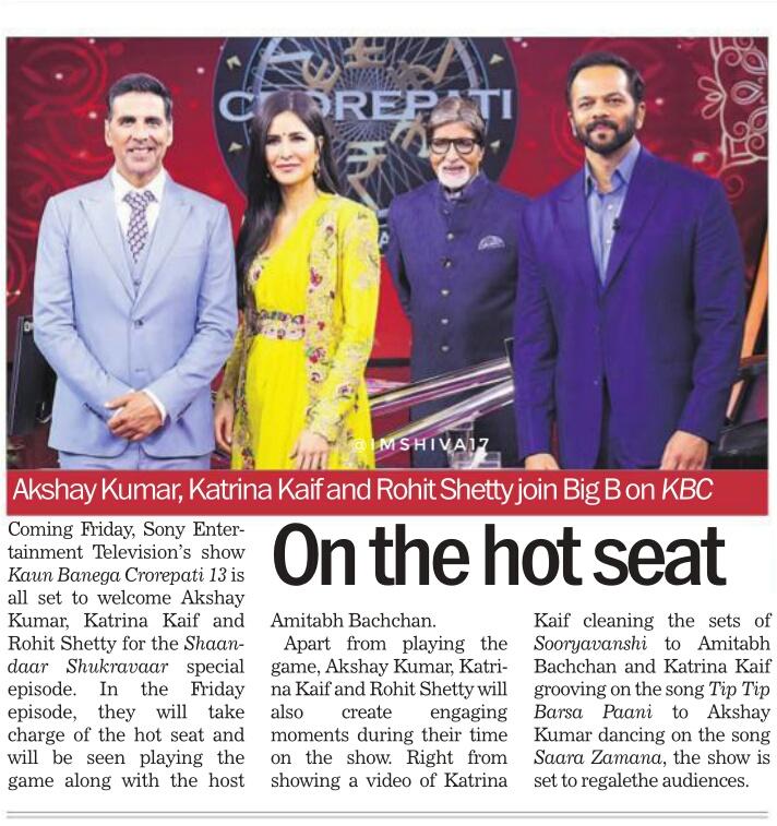 Coming Friday, @SonyTV 's show
#KaunBanegaCrorepati13 is
all set to welcome #AkshayKumar
#KatrinaKaif and #RohitShetty
for #shaandaarshukravaar
special episode. In the ep,
they will take charge of
the hot seat and will be seen
playing the game along
with the host #AmitabhBachchan