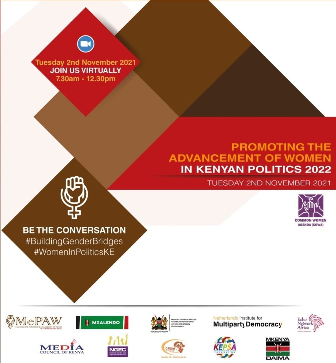 MePAWAfrica's tweet photo. How do we ensure that the government practices the two thirds gender policy? Let's all join the conversation at @VillaRosaKempin as we talk about promoting the advancement of women in Kenyan Politics 2022. #BuildingGenderBridges @BEATRICEELACHI

#WomenInPoliticsKE https://t.co/hpxYA7u4C2