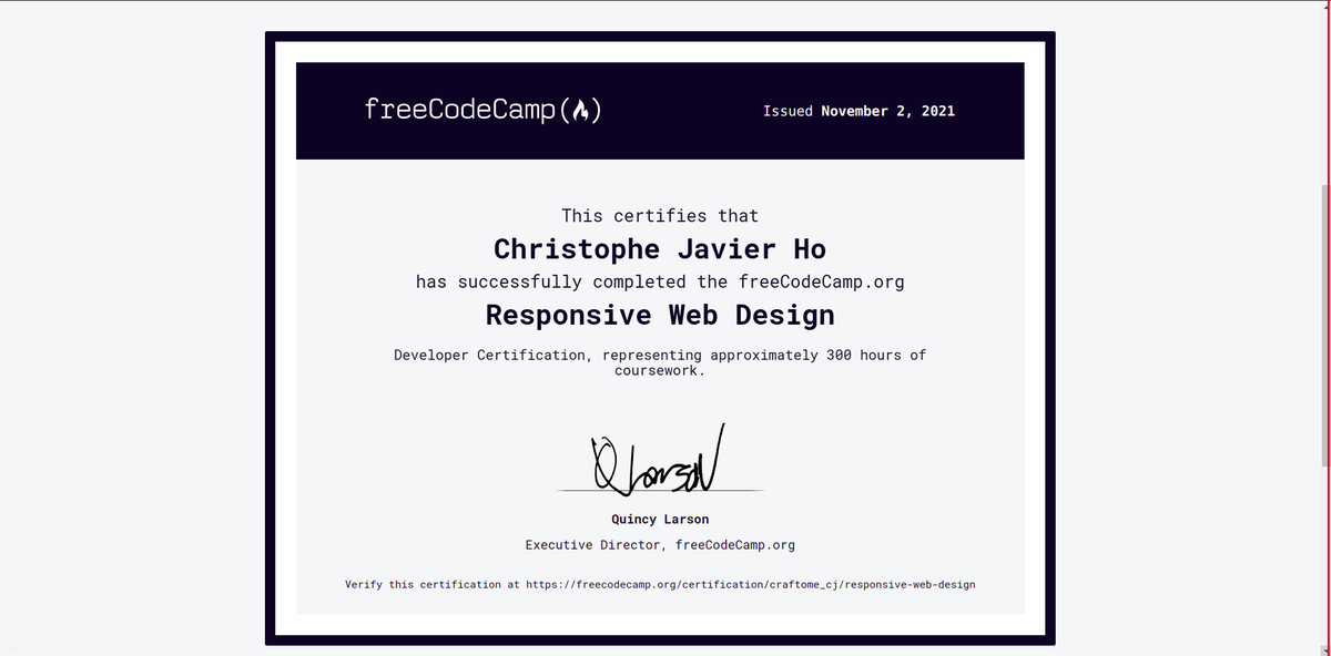 CraftomeCJ's tweet photo. 1 month of hard work, more than 1 week for the final portfolio project, I just earned the Responsive Web Design certification
@freeCodeCamp
! Check it out here: https://t.co/8AN2EytS6w
#100DaysOfCode
#freeCodeCamp
#CodeNewbies
#DEVCommunity
#devafter40
#LearnToCode https://t.co/f82uyoJEhC