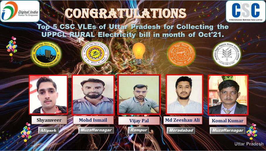 divyadarshan08's tweet photo. Congratulations💐 to top 5 CSC_VLEs of Uttar Pradesh for the highest amount of electricity bill collection in UPPCL RURAL (Non-RAPDRP) in the month of October'21 @CSCegov_ @CSCUttarPradesh @dintya15 @sanjaykrakesh @UppclChairman @mduppcl @atulitrai @avanish78 @UttamGu39907295 https://t.co/4q5Qqci1k2