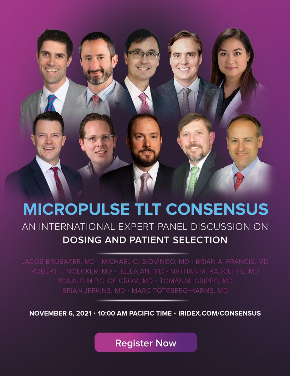 GLAUCOMA's tweet image. You are INVITED to a unique event. An international consensus panel of ten #glaucoma experts will discuss MicroPulse Transscleral Laser Therapy and their recommendations for dosing and patient selection
November 6th at 10:00am Pacific iridex.com/consensus.aspx
@IRIDEX #micropulse