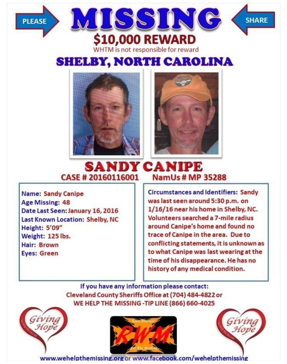 GabbsJustice's tweet photo. If you have any information regarding the whereabouts of #SandyCanipe please contact Cleveland County Sheriff’s Office at: (704) 484-4822 or the #WeHelpTheMissing Tip Line at: (866) 660-4025. @helpthemissing1 @aware_the #MissingInAmerica #MissingPerson #BringSandyHome #FindSandy https://t.co/9MSzjs0CO7