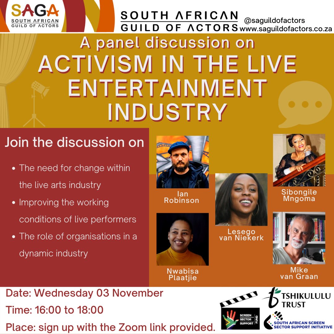 SAGA will be hosting a panel discussion about responsible and noteworthy activism within the live arts sector.
Find out how you can be a part of these changes:

Date: Wednesday 03 November
Time:16:00 – 18:00
Place: Register with the zoom link - bit.ly/3bugX0O